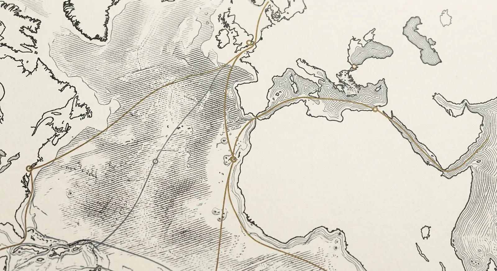 Engraved atlas fragment tracing shipping arcs across the North Atlantic, the Gulf and Anatolia